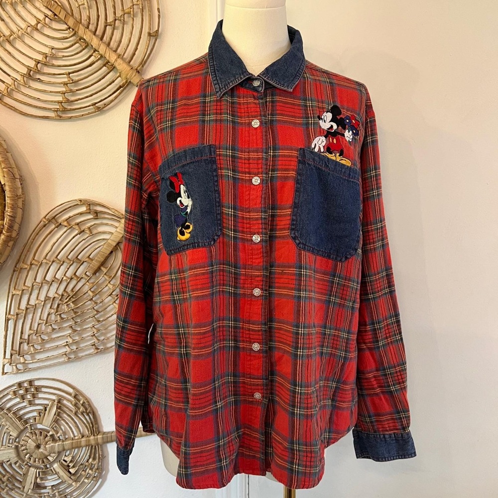 Vintage‎ Mickey Unlimited Red Cotton Plaid Flannel Shirt Denim Mickey Minnie L